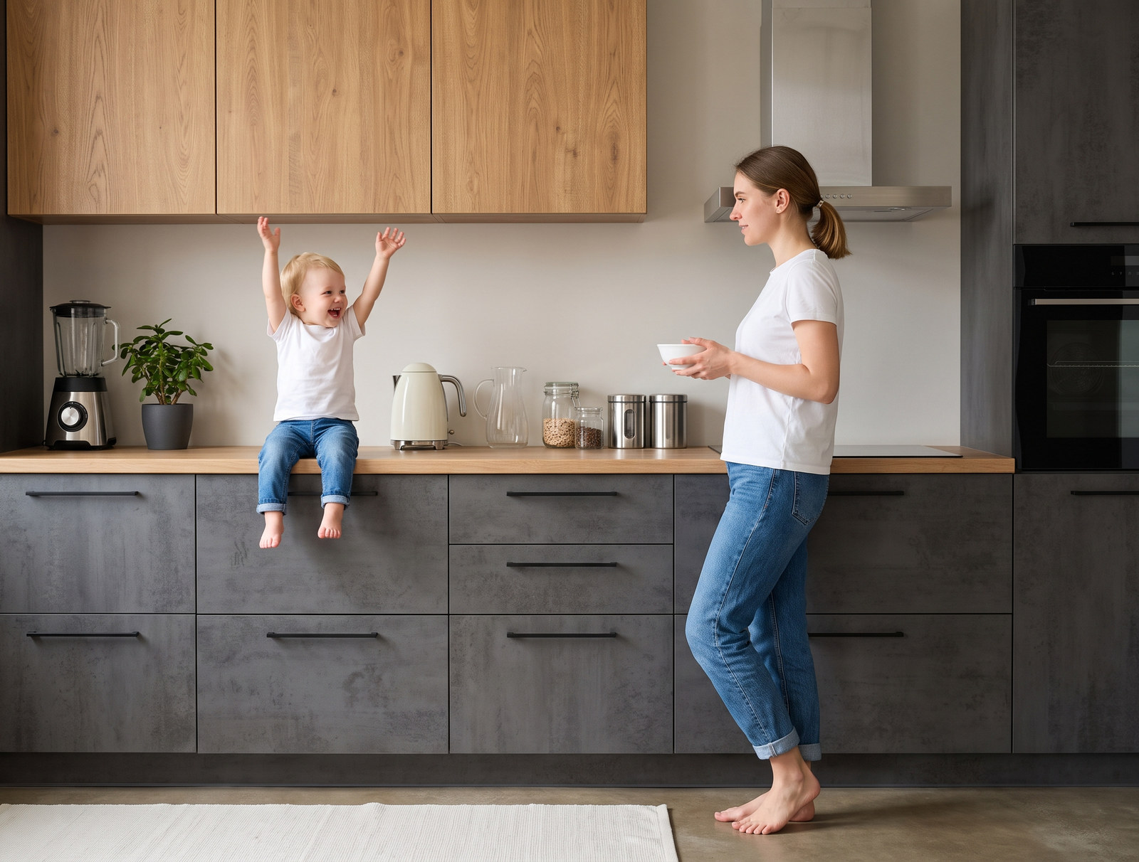 Parent and child in a bright new kitchen