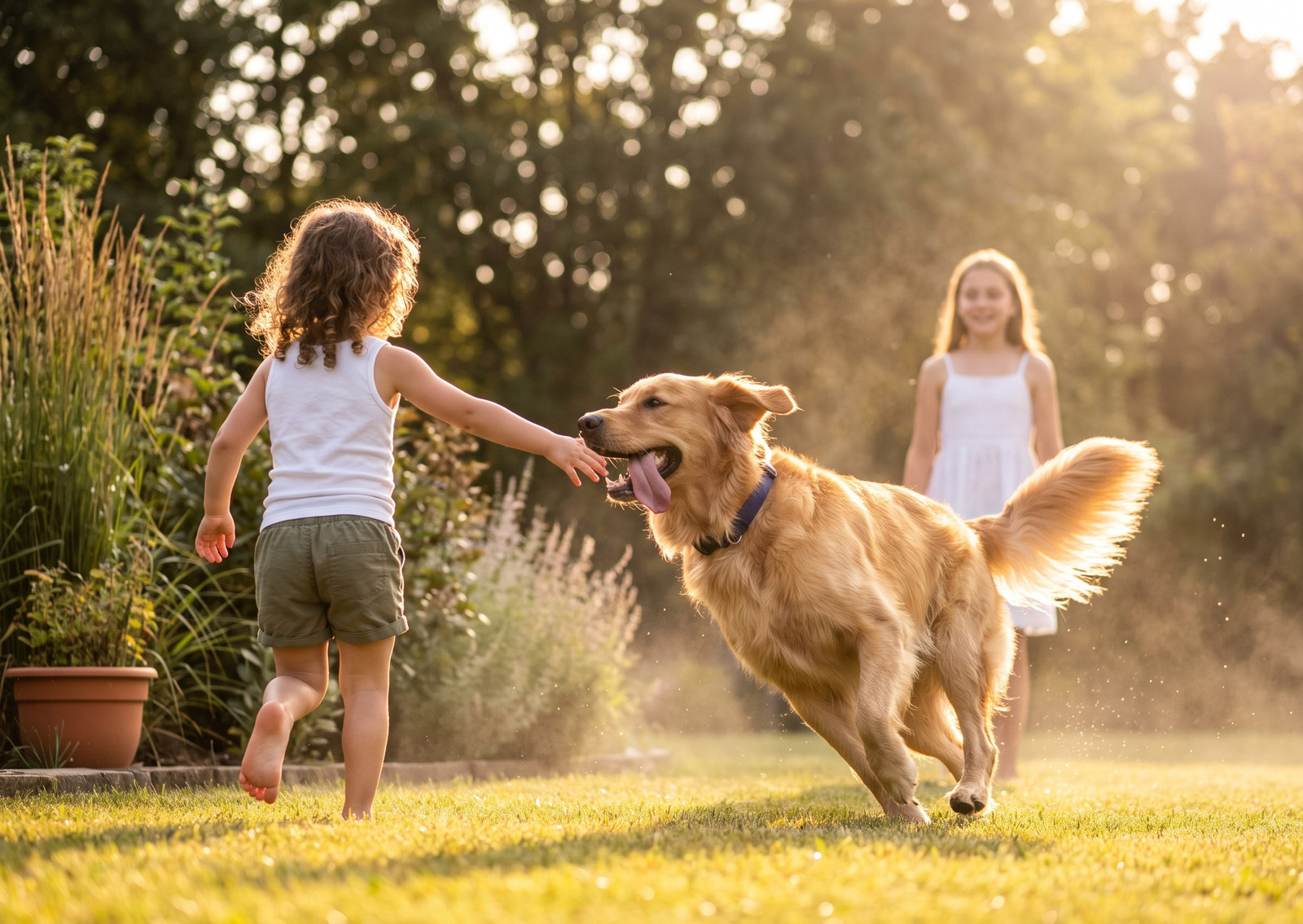Family playing with their dog in a sunlit backyard