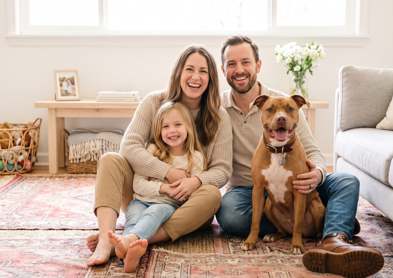 Family relaxing together in their finished living room