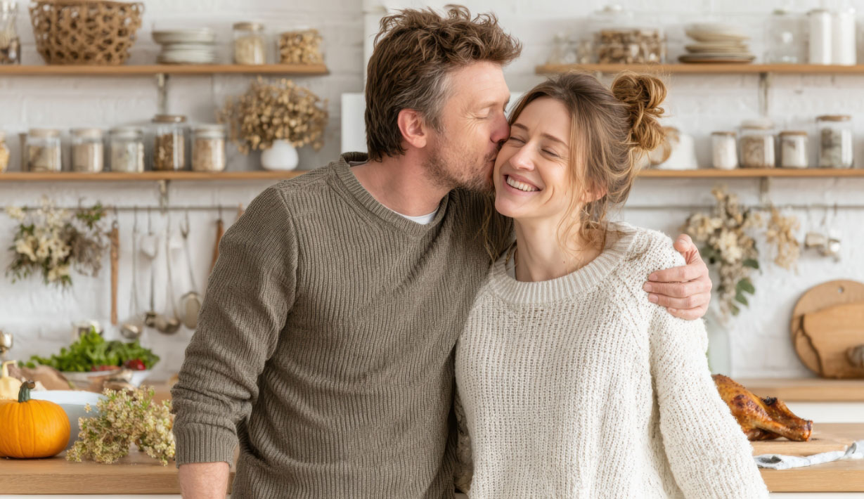 Couple celebrating together in their renovated kitchen
